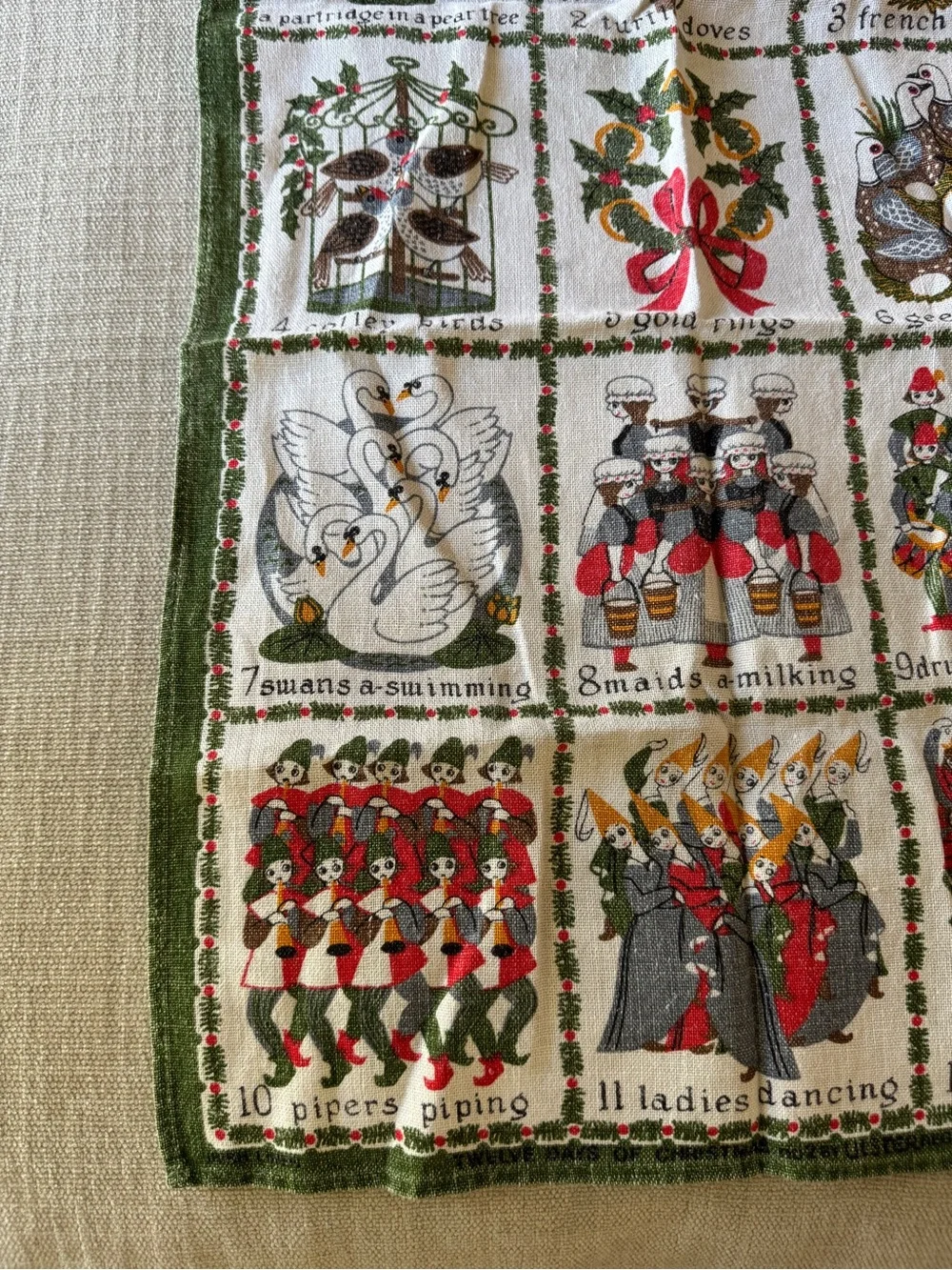 Vintage 12 Days of Christmas Irish Linen Tea Towel - Made in Ireland 1960s-1970s